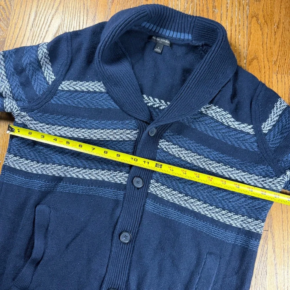 Banana Republic Mens Navy Blue Striped Shawl Collar Cardigan Sweater Large Wool